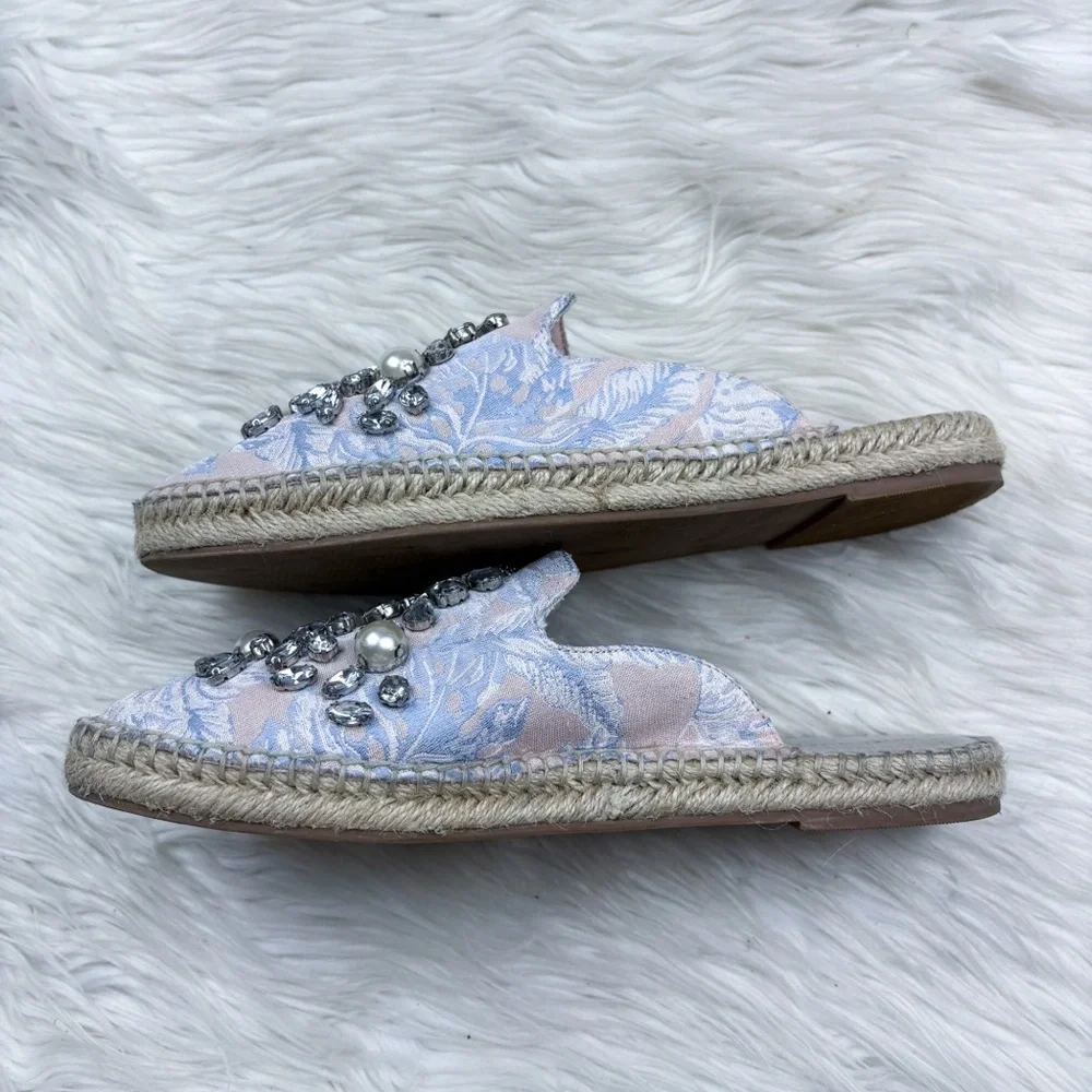 Soft Surroundings Jewel Pearl Floral Jacquard Slip On Mule Espadrilles Pink Blue